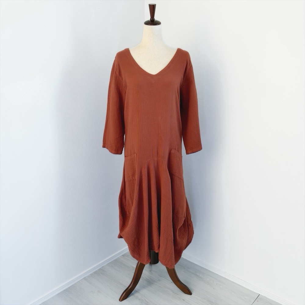 VTG NEW Color Me Cotton Gauzy Dress Size XL Brown Relaxed Lagenlook Minimalist